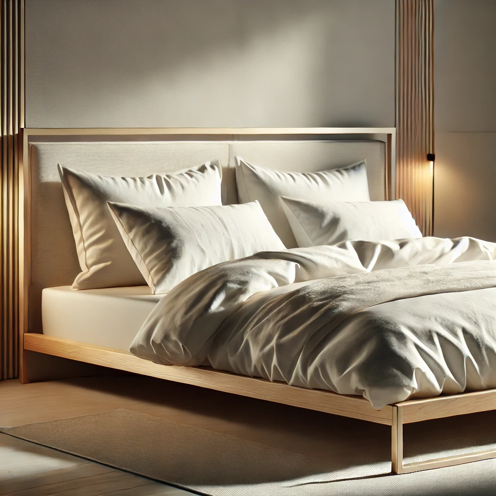 DALL·E 2025-02-11 07.36.07 - A highly realistic minimalist bedframe with clean lines, made of light wood or metal, featuring white bed linen in a modern bedroom. The bed has soft, PRODUCT 1